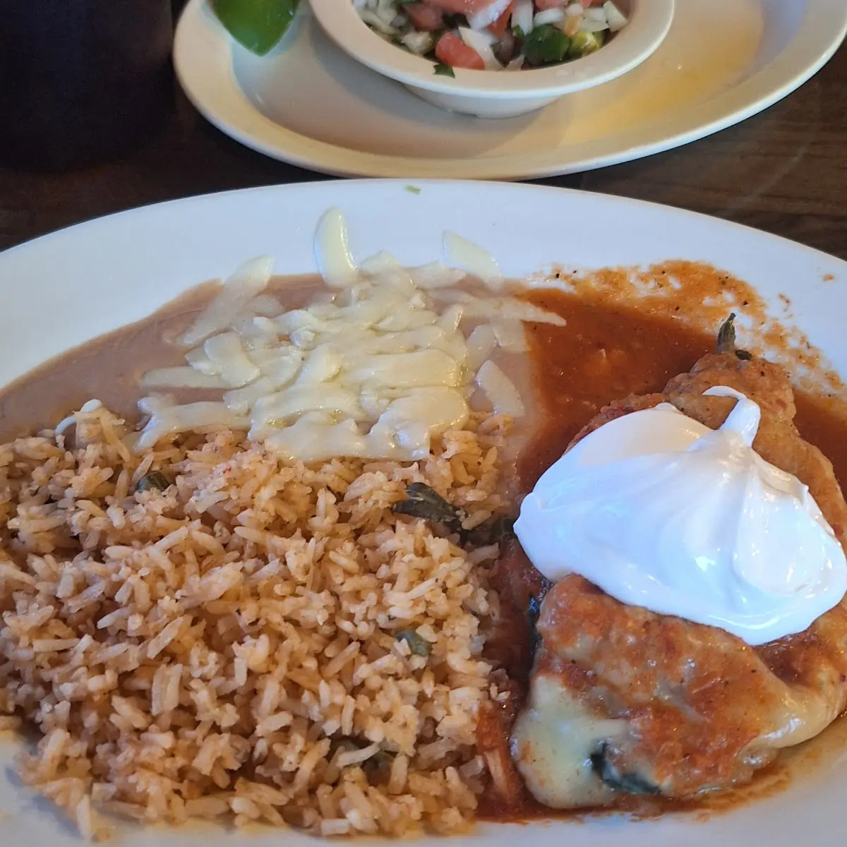 Chile Relleno with Rice and Refried Bean Sides