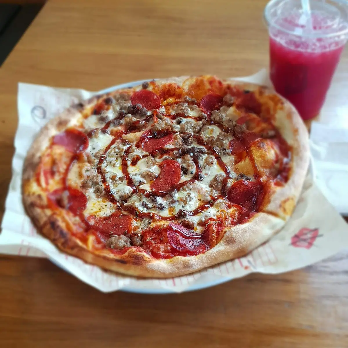 Bacon Cheeseburger Pizza with BBQ Swirl and Pink Lemonade