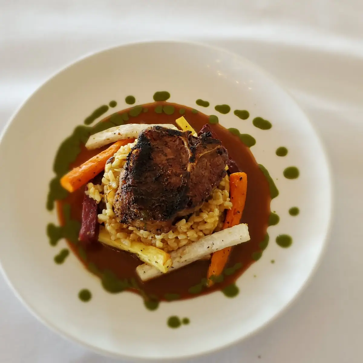 Grilled Lamb Chop Wild Mushroom Risotto Garlic Roasted Root Vegetables Bourbon Mint Demi-Glace