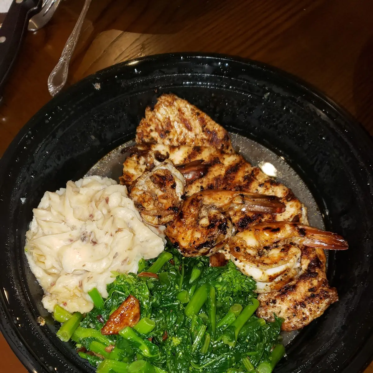 Grilled Chicken Shrimp with Garlic Mashed Potatoes and Broccoli Rabe