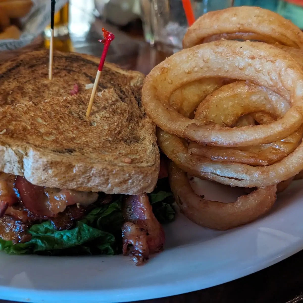 Bacon Cheddar Burger and Onion Rings