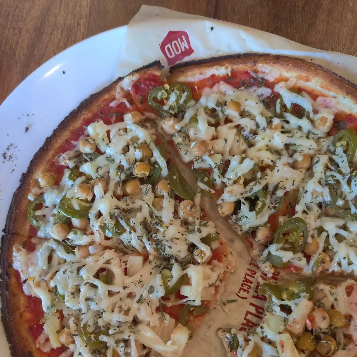 Cauliflower Crust with Chick Peas Jalapenos Pineapple and Dairy Free Cheese Pizza