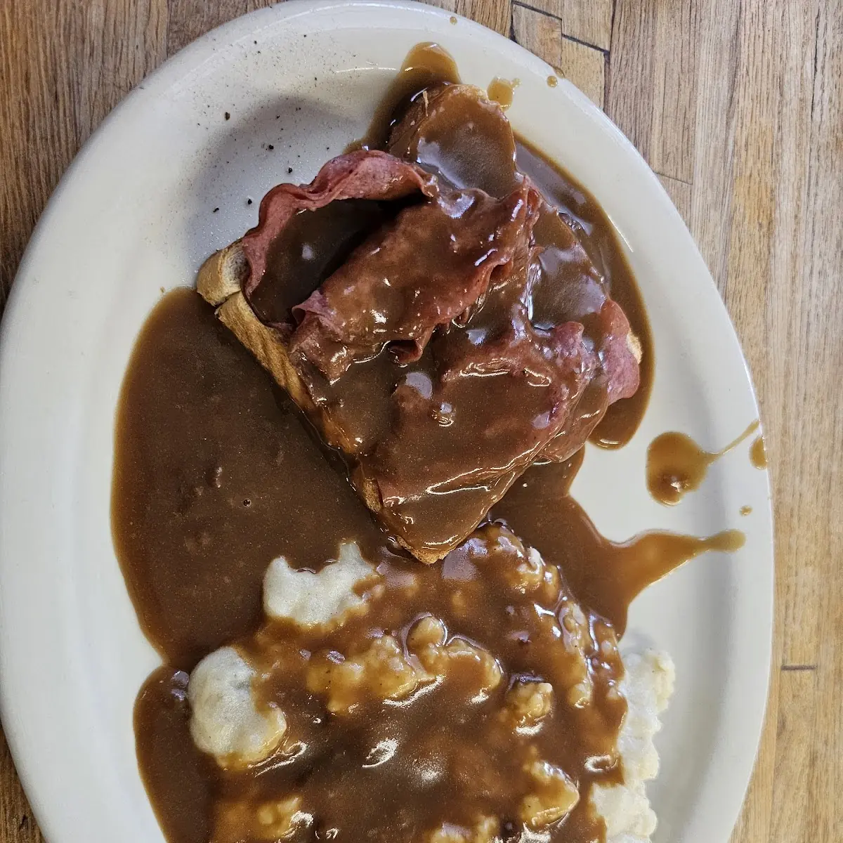 Open Faced Roast Beef Sandwich and Mashed Potatoes with Gravy