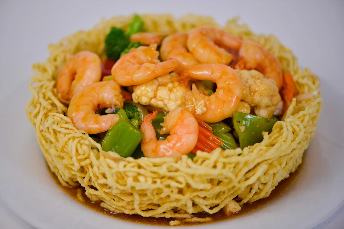 Stir Fried Prawns & Mix Vegetables on Crispy Egg Noodle, Saigon D’Arcy Vietnamese Kitchen