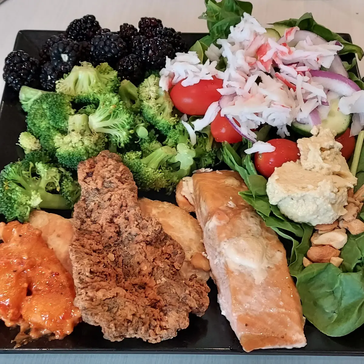 Salad Vegetables Salmon and Fried Steak