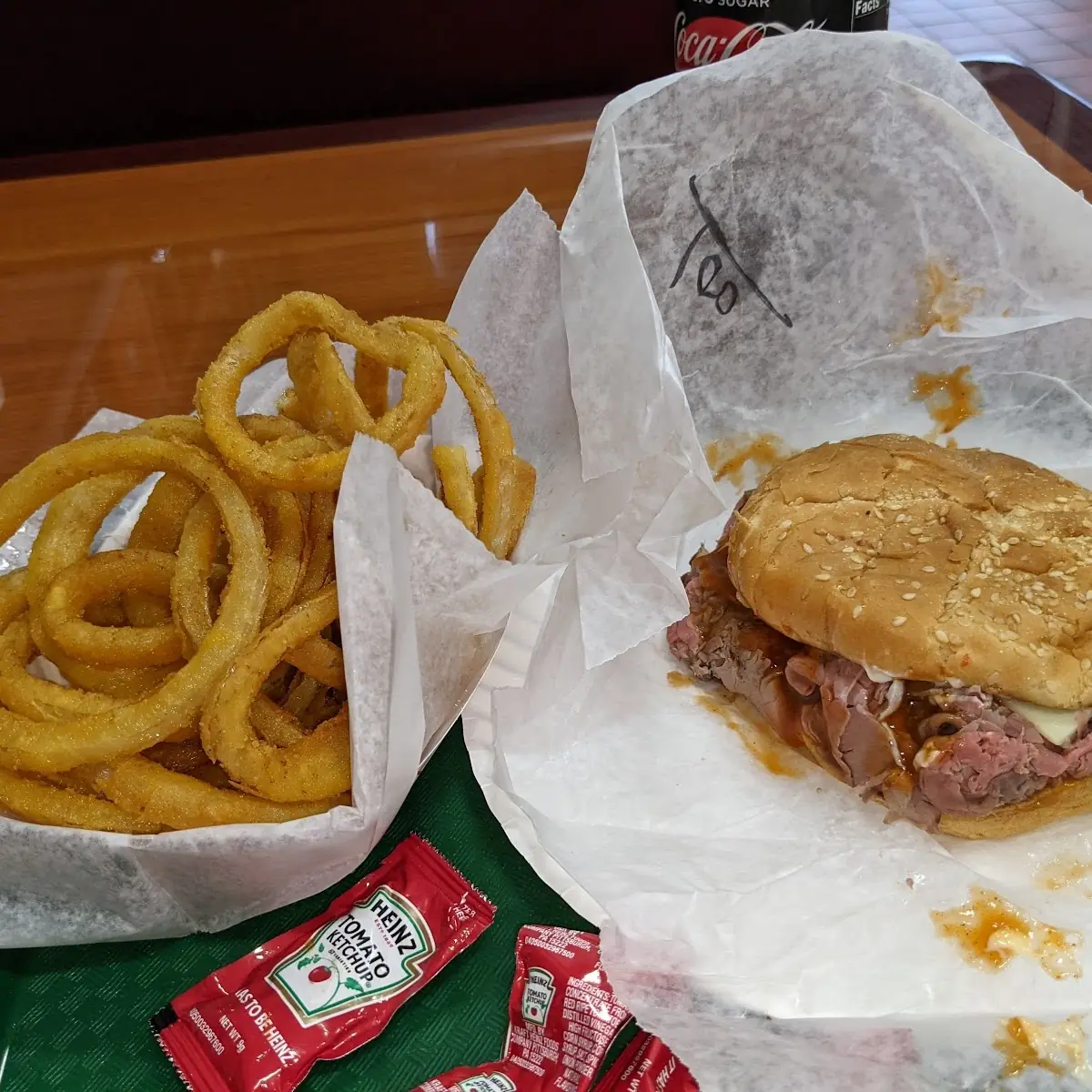 Roast Beef Sandwich and Onion Rings