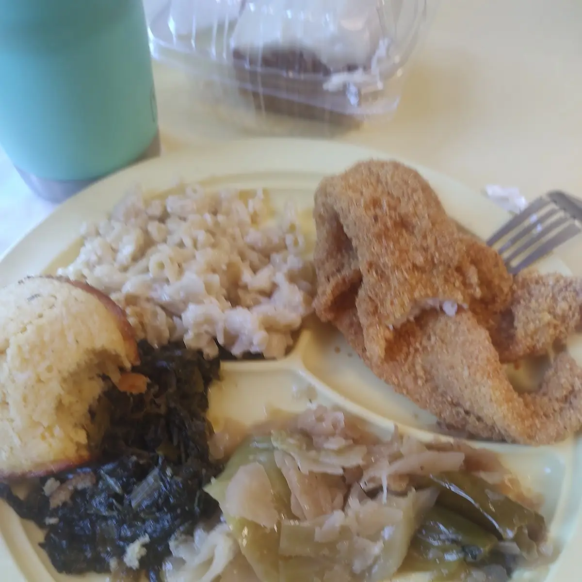 Fried Catfish w Turnip Greens Cabbage and Mac & Cheese w Cornbread