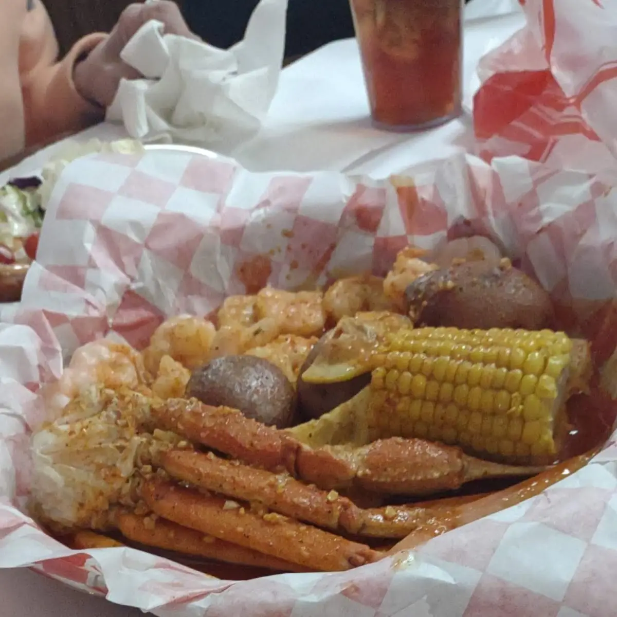 Plate E Lobster Tail Crab Legs Shrimp Corn Potatoes