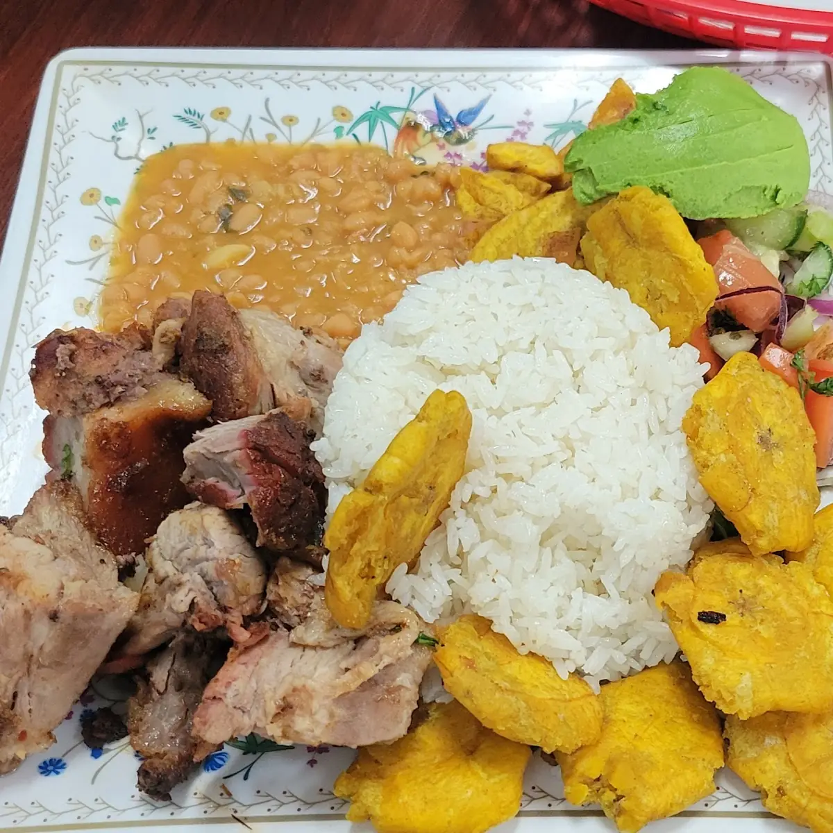 Pernil with White Rice Beans & Tostones