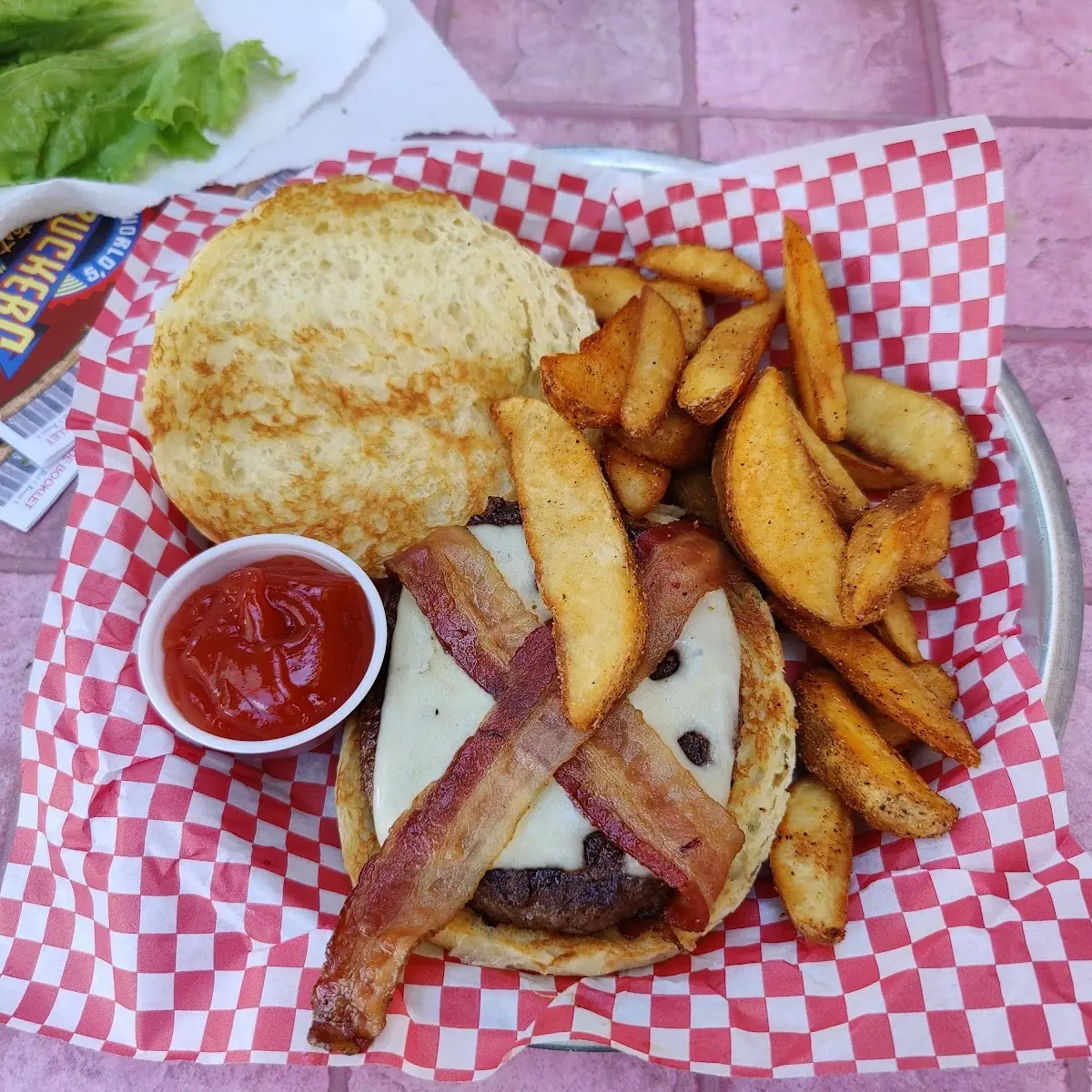 Elf Burger with Swiss and Bacon Burger