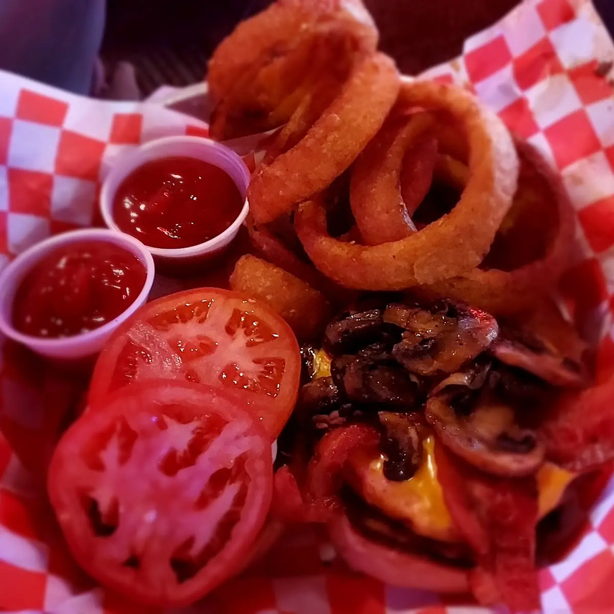 Mushroom Burger with Onion Rings
