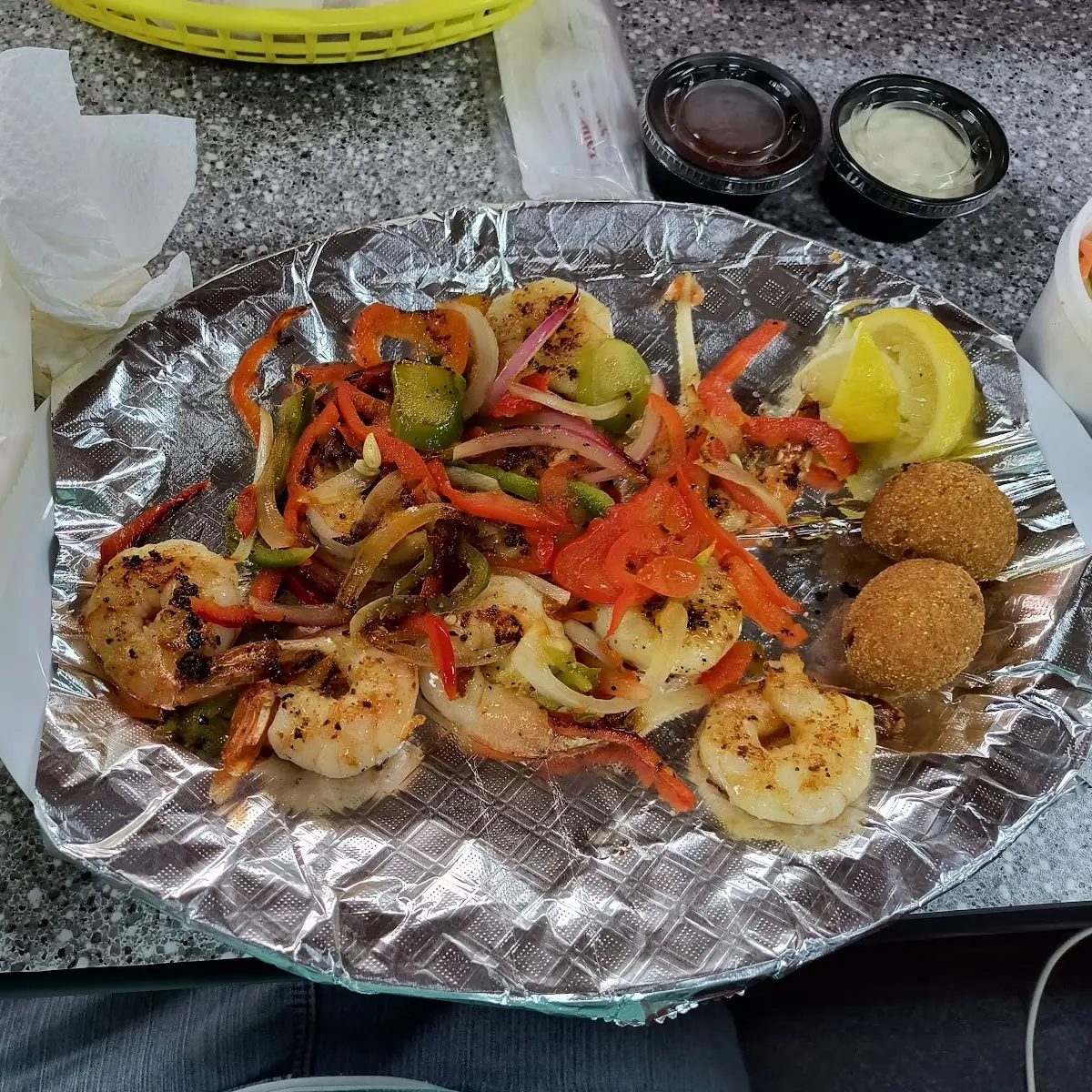 Grilled Shrimp Fried Okra and Coleslaw