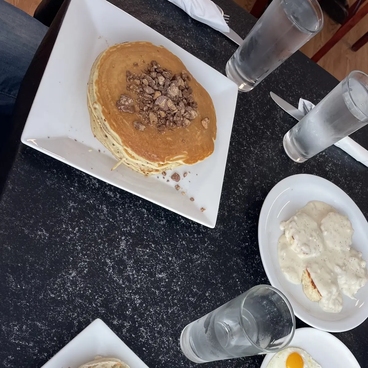 Eggs Benedict Peanut Butter Pancakes and Biscuits and Sausage Gravy