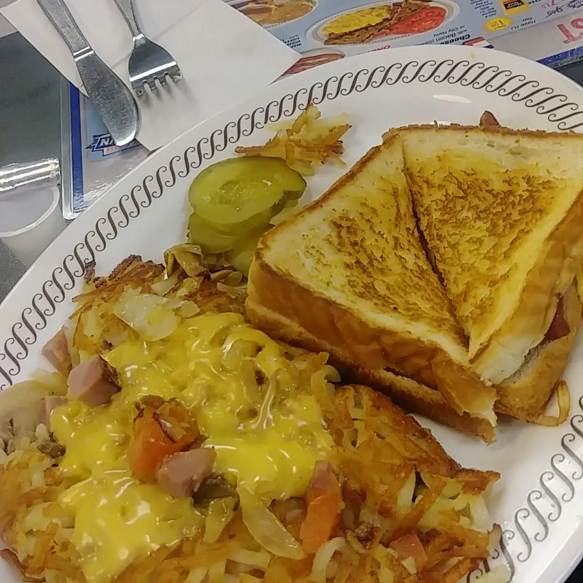 Bacon Grilled Cheese Sandwich and Hash Browns