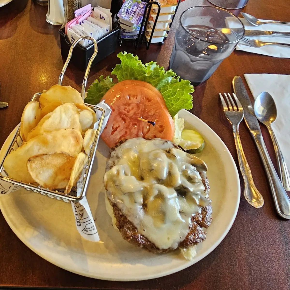 Swiss Mushroom Burger and Chips