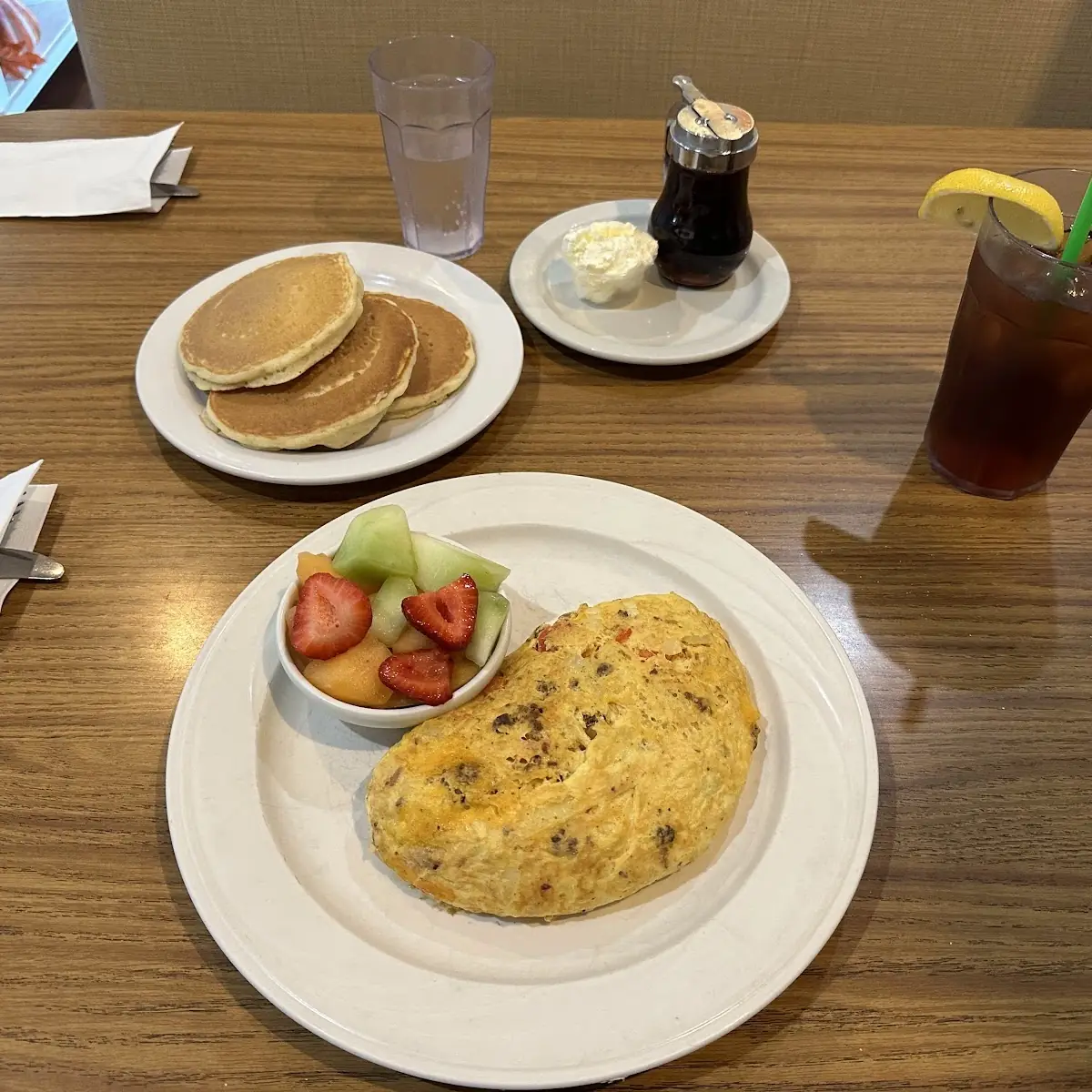 Chorizo and Cheese Omelette with Fruit and Pancake