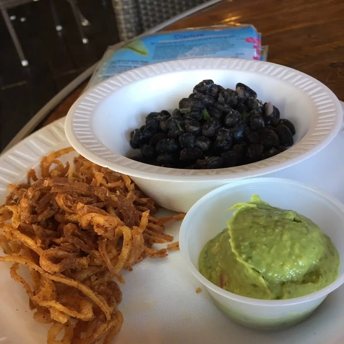 Fried Onions Black Beans and Guacamole