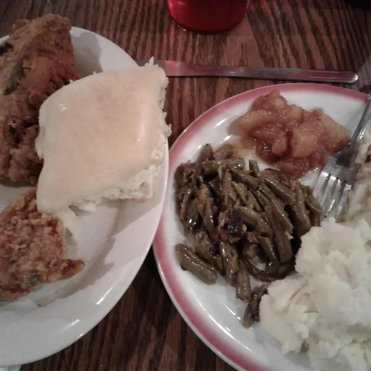 Fried Chicken Roll Green Beans Apples Dumplings and Mashed Potatoes
