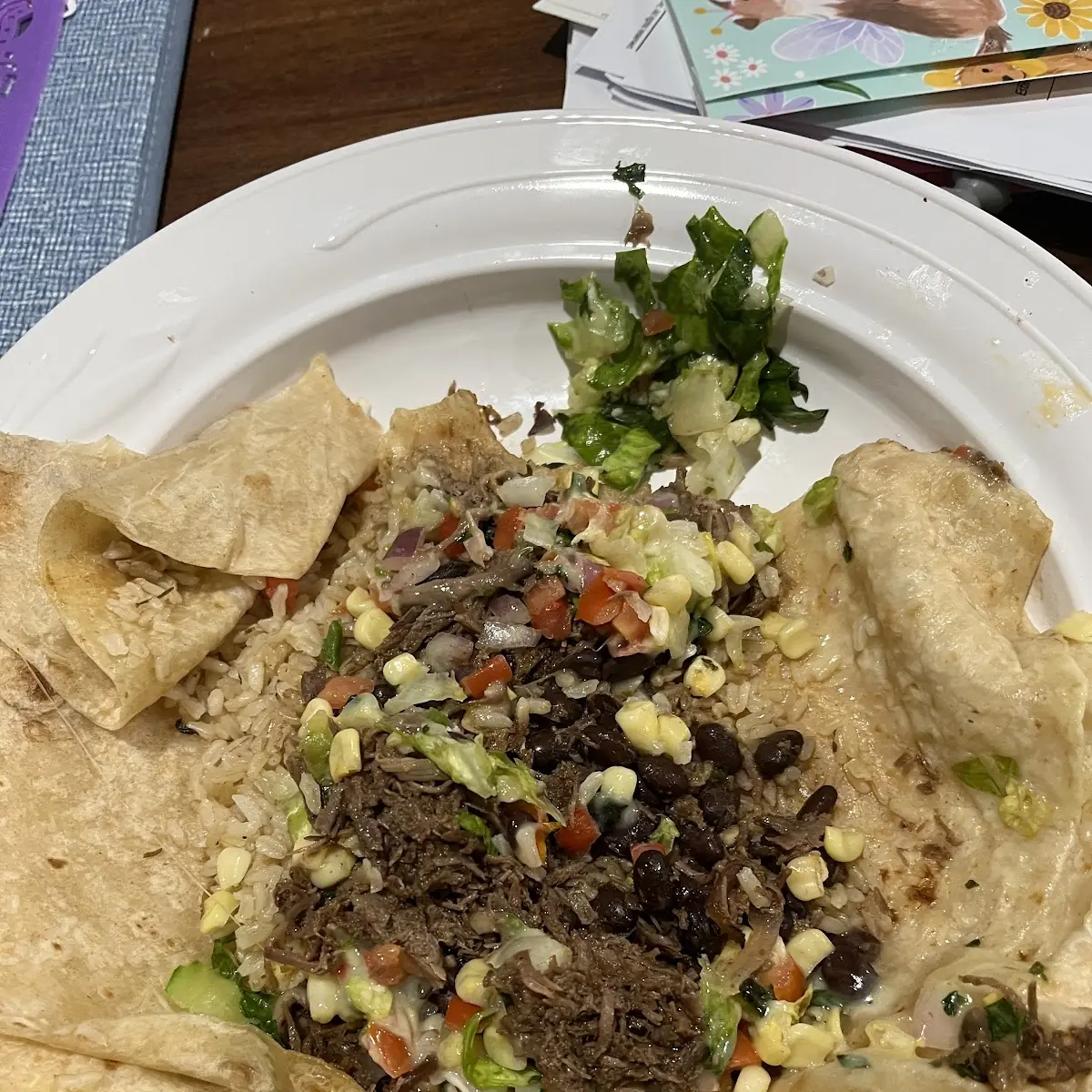 Beef Barbacoa Burrito Brown Rice Black Beans Corn Salsa Cheese Pico Romaine Lettuce