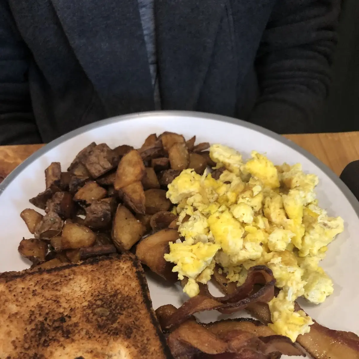 Scrambled Eggs Bacon and Country Potatoes