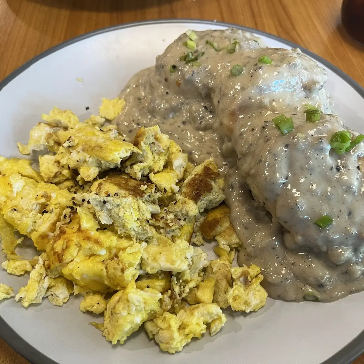 Scrambled Eggs with Biscuits and Gravy