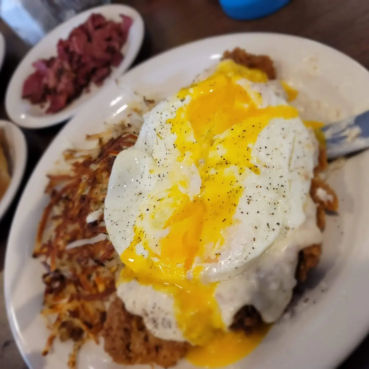Pastrami Eggs Benedict with Hash Browns