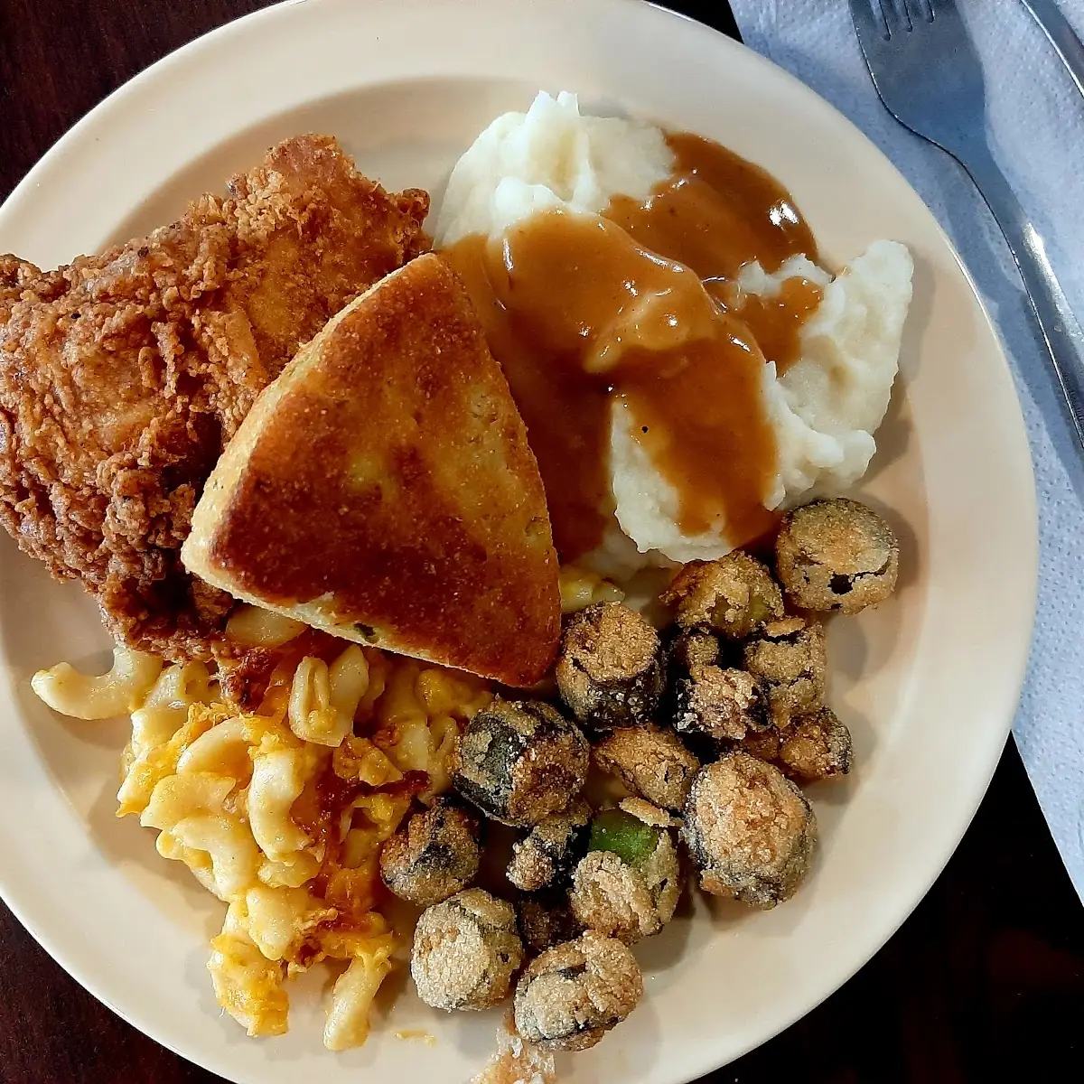 Fried Chicken Fried Okra Mashed Potatoes w Gravy Macaroni and Cheese Jalapeño Cornbread