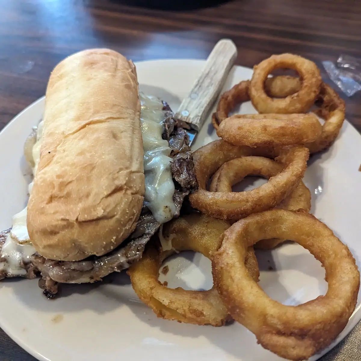Steak Sandwich and Onion Rings