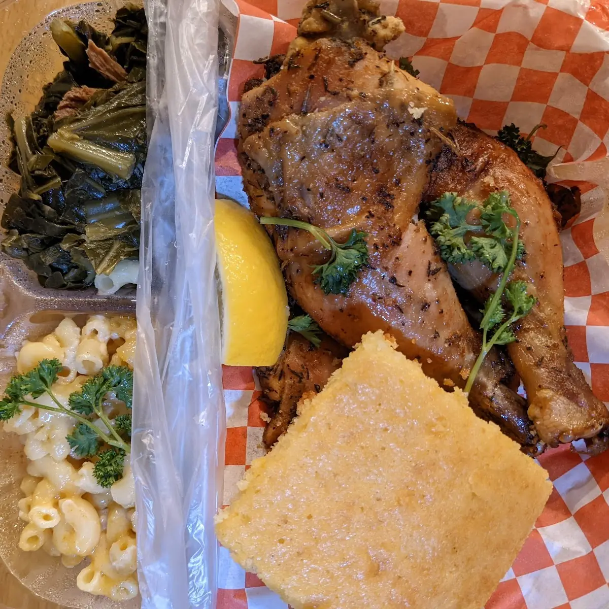 Herb Roasted Chicken with Baked Mac and Cheese Collard Greens and Cornbread
