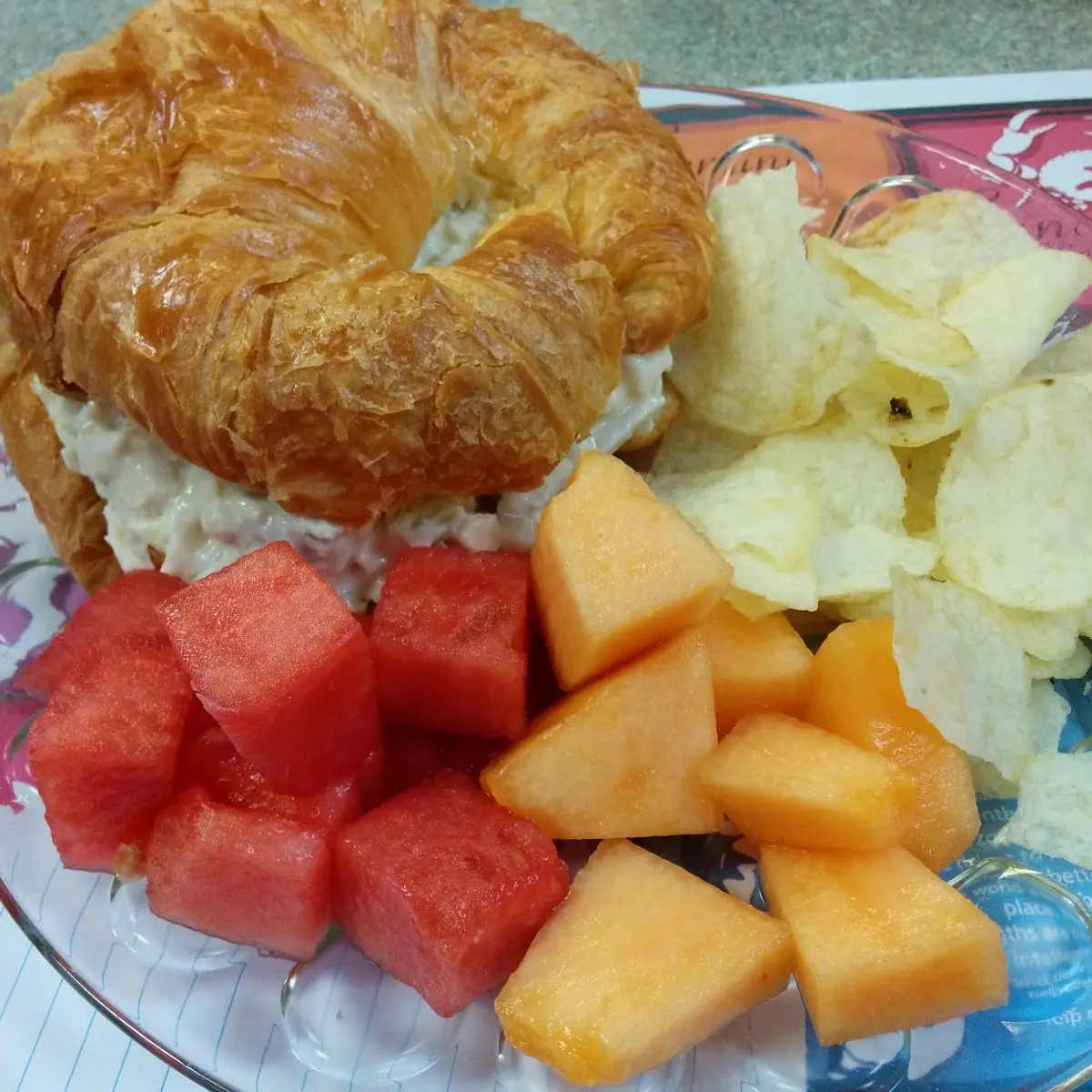 Chicken Salad Croissant with Chips and Fruit