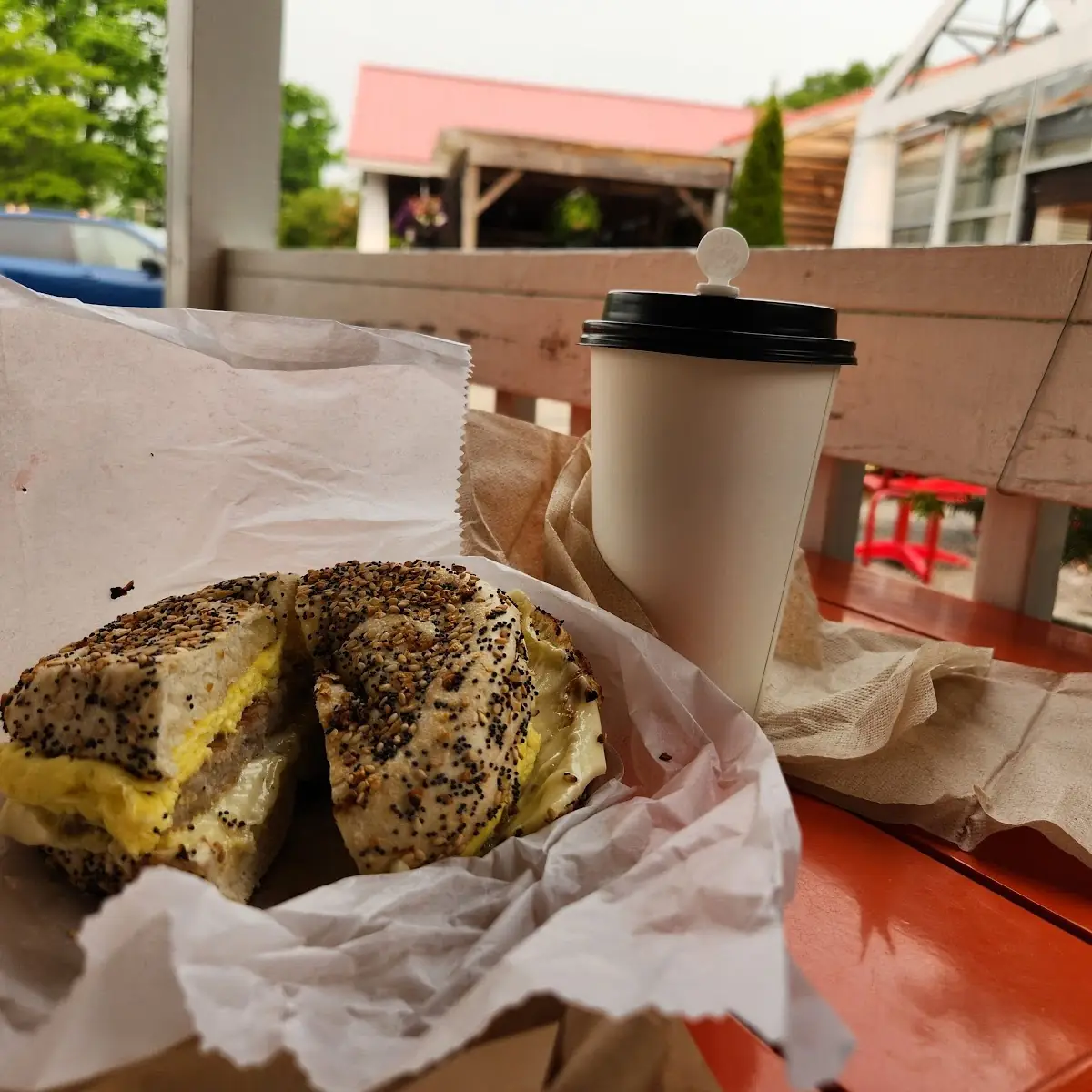Everything Bagel Breakfast Sandwich and Coffee