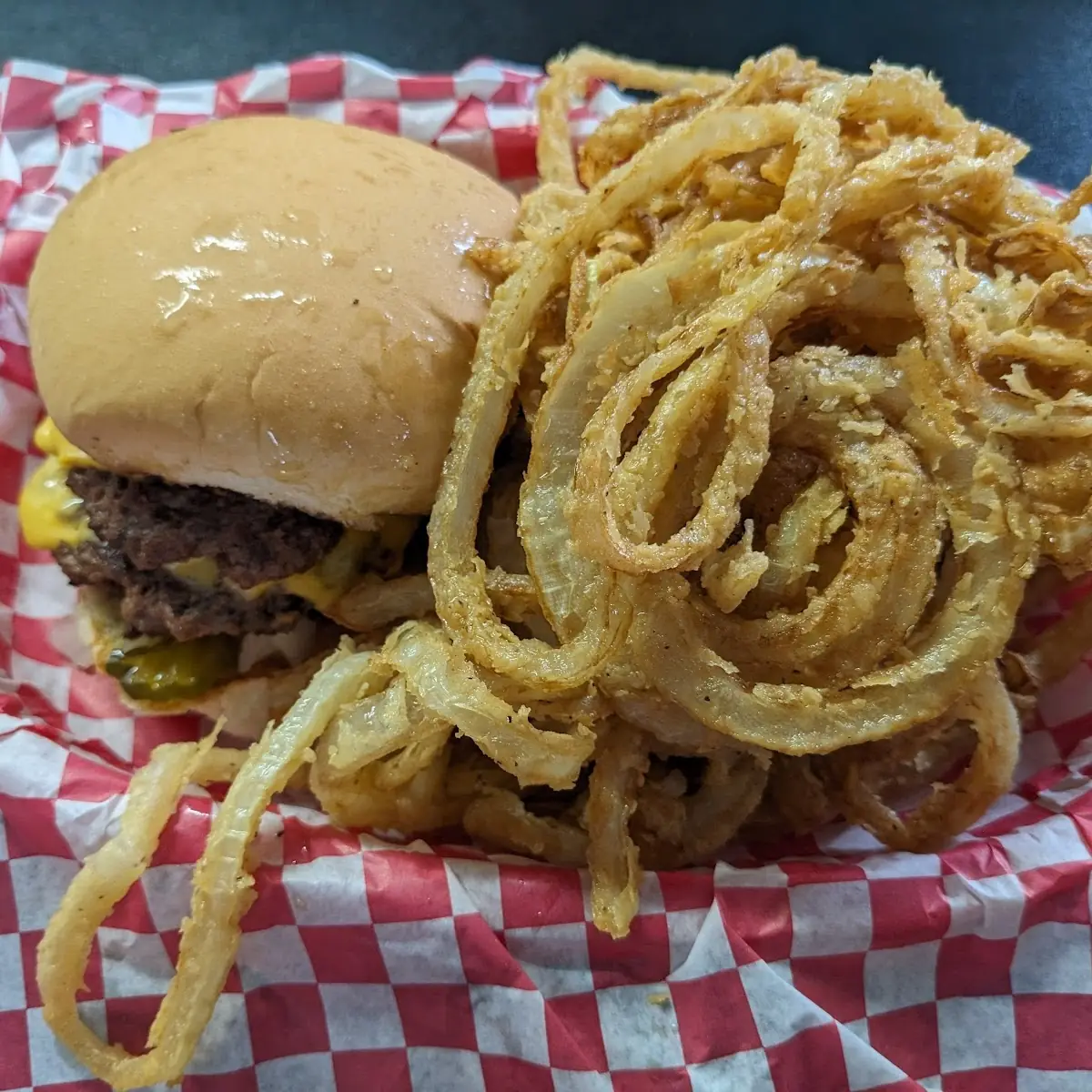 Burger and Hand Breaded Onion Rings