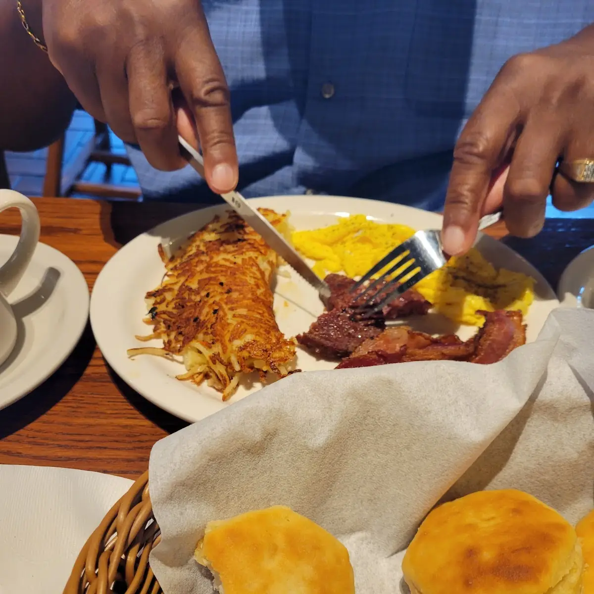 Bacon Sausage and Eggs with Hashbrowns