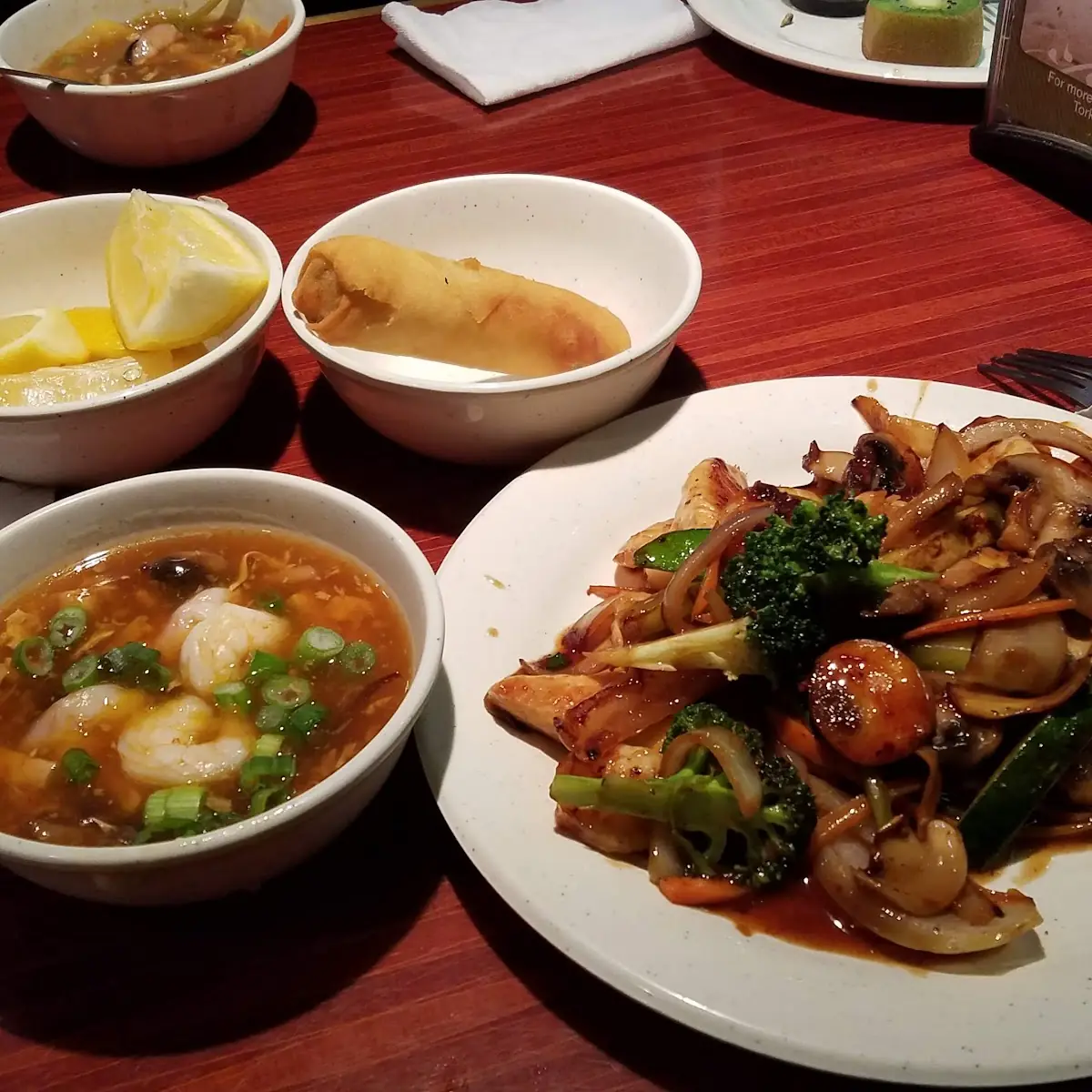 Hot and Sour Soup Egg Roll Teriyaki Shrimp
