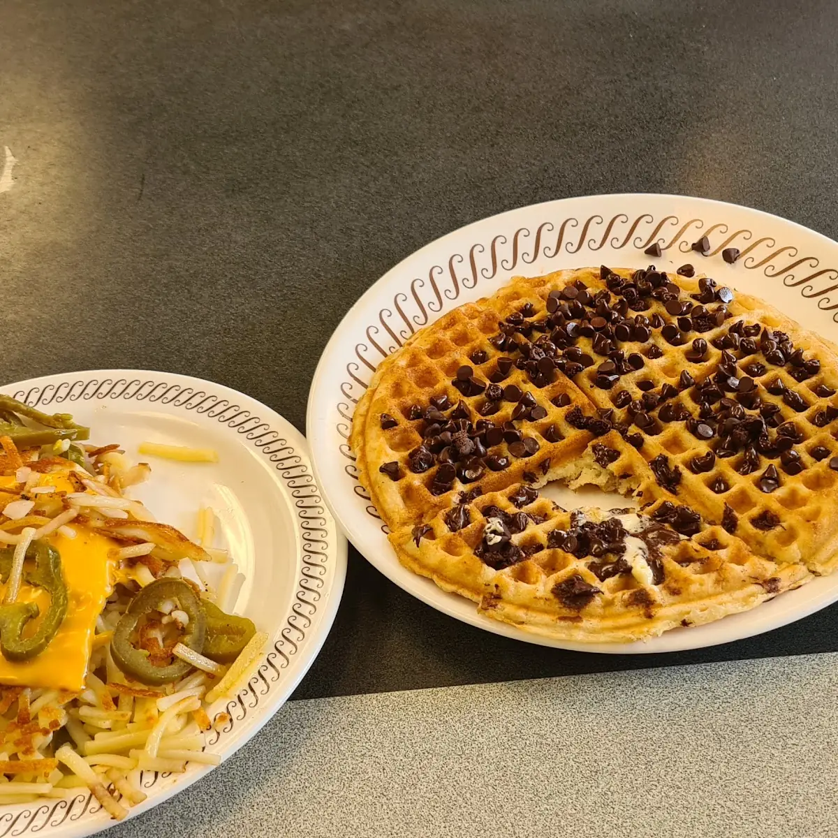 Chocochip Waffle and Hash Browns
