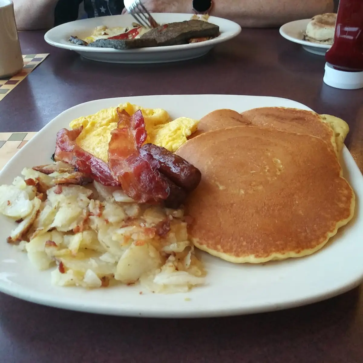 Eggs with Bacon and Sausage Links and Pancakes