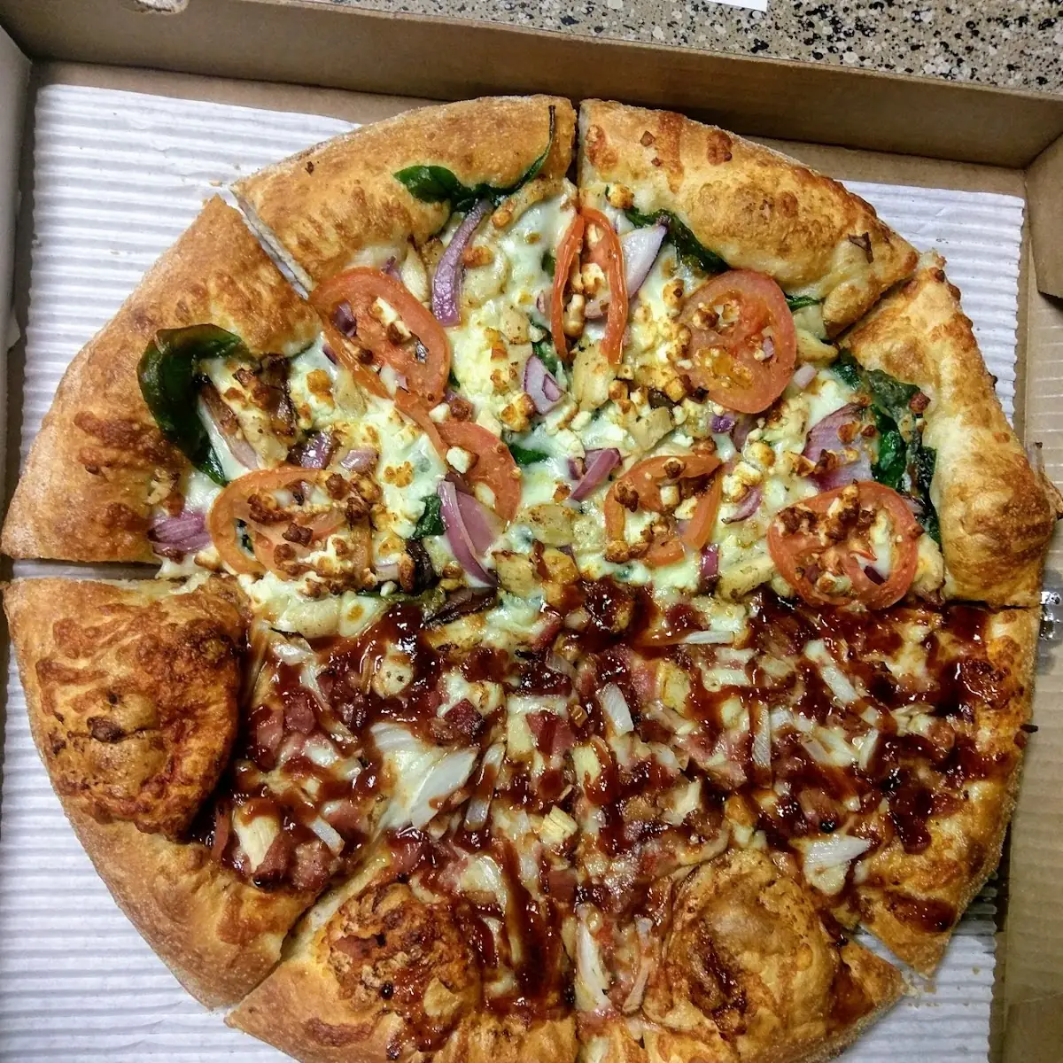 Half and Half BBQ Chicken Pizza