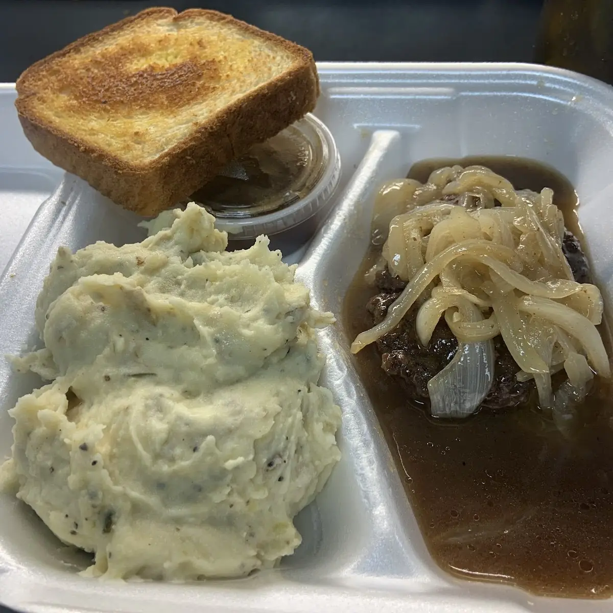 Monday Soecial Hamburger Steak Gravy and Mashed Potatoes and Grilled Onions