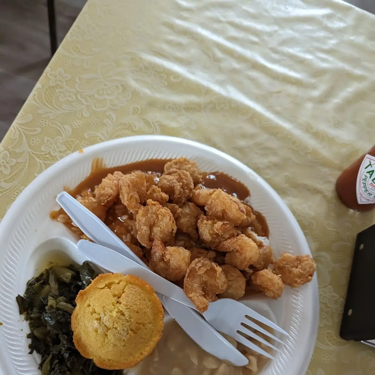 Fried Shrimp with Collards Butter Beans and Cornbread