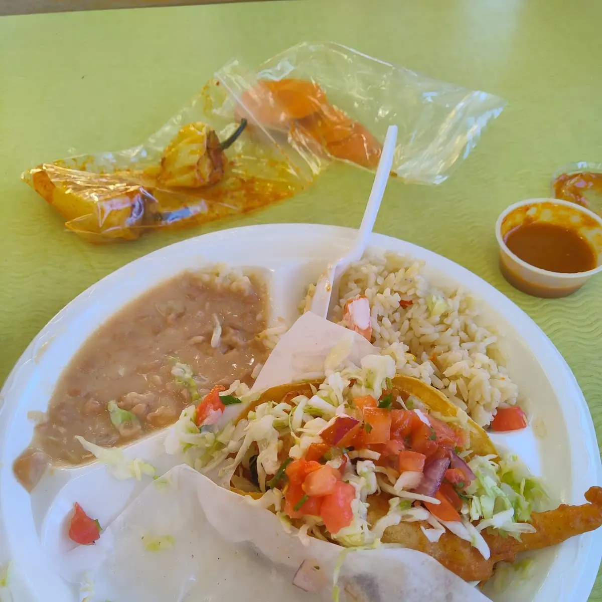1 Fish Tacos with Rice Beans and a Drink
