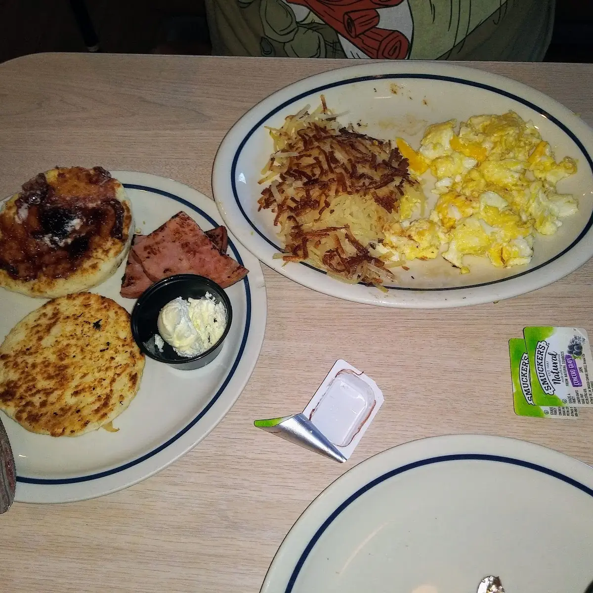 Biscuit Ham Grits Hashbrowns and Scrambled Eggs