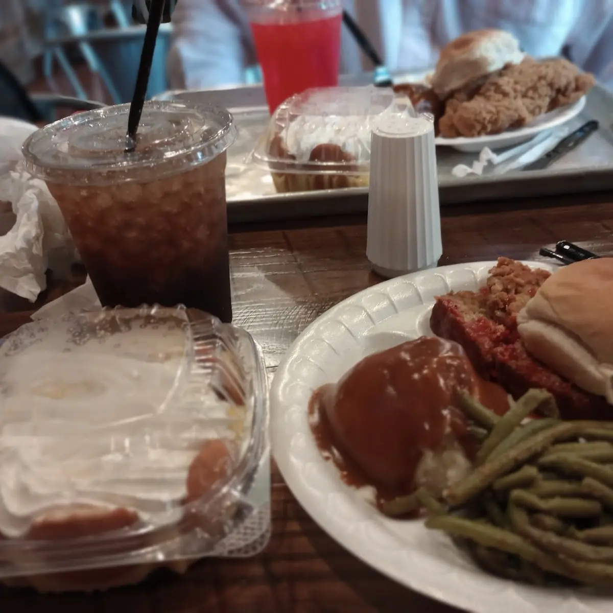 Meatloaf with Green Beans Mashed Potatoes Gravy Dinner Roll and Banana Pudding