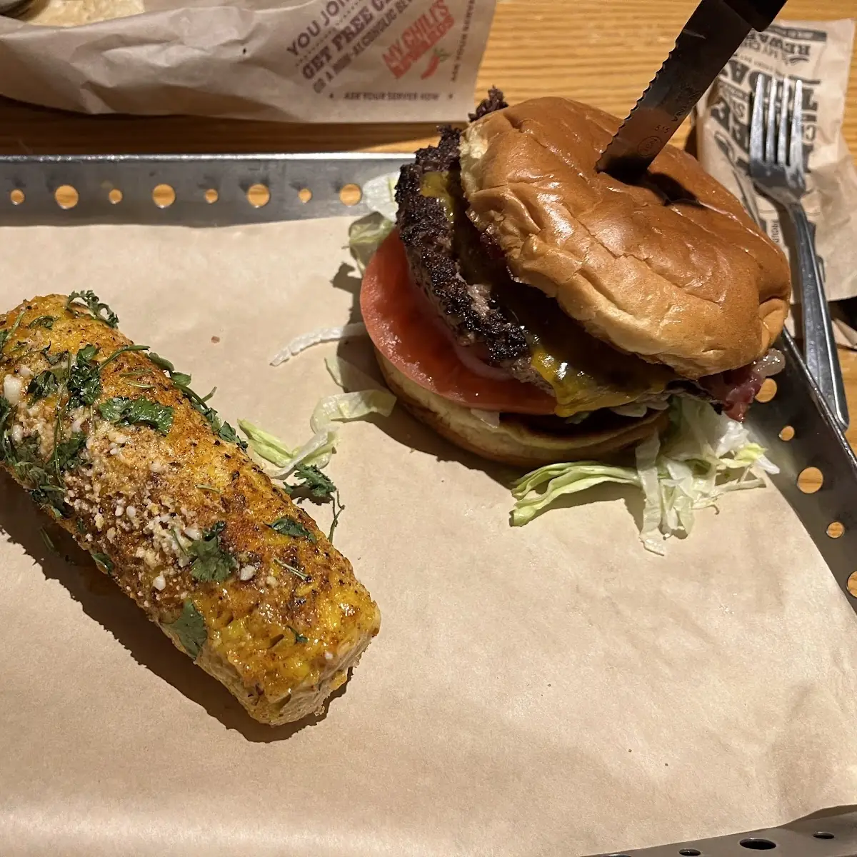 Street Corn and Bacon Cheeseburger