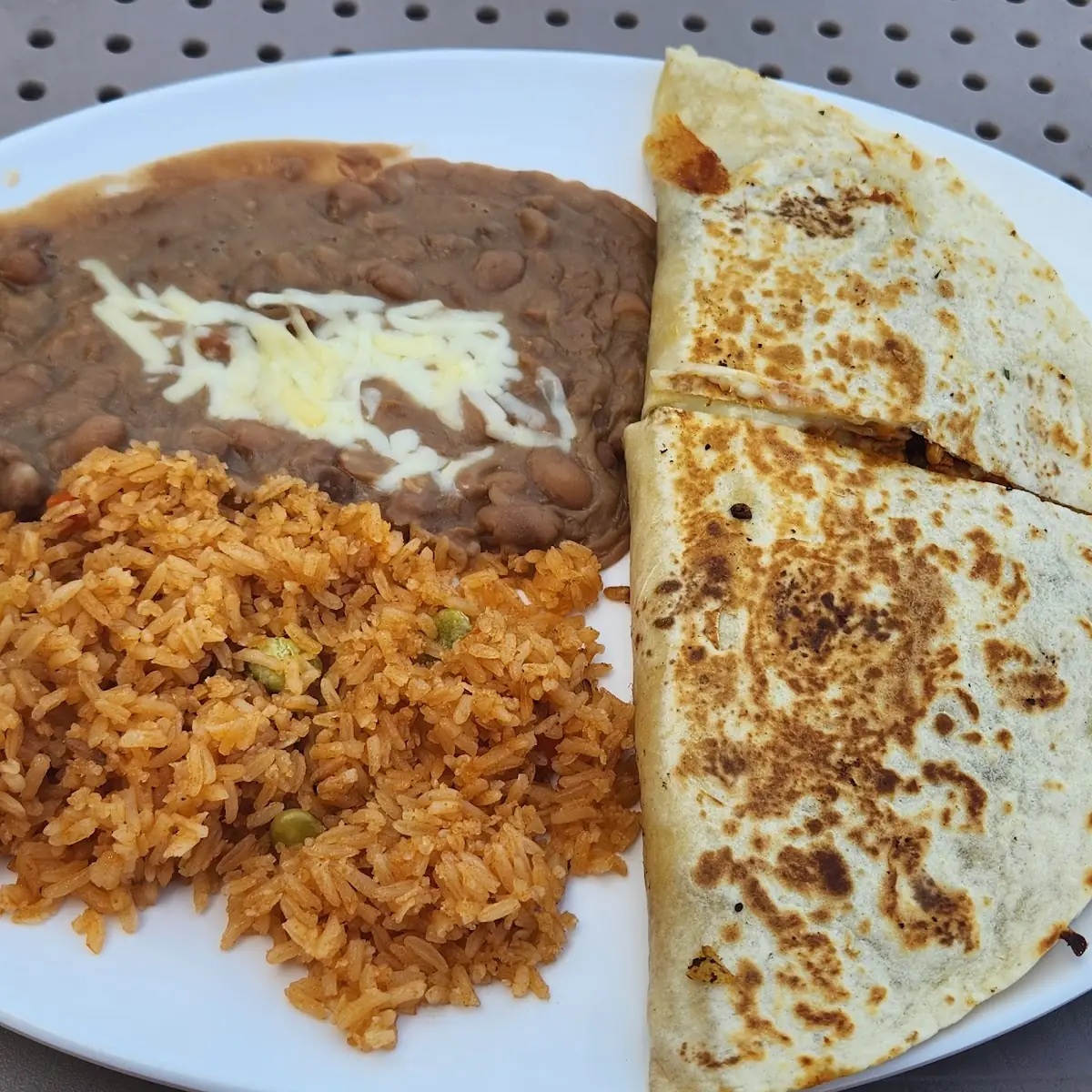 Chicken Quesadilla with Rice and Beans