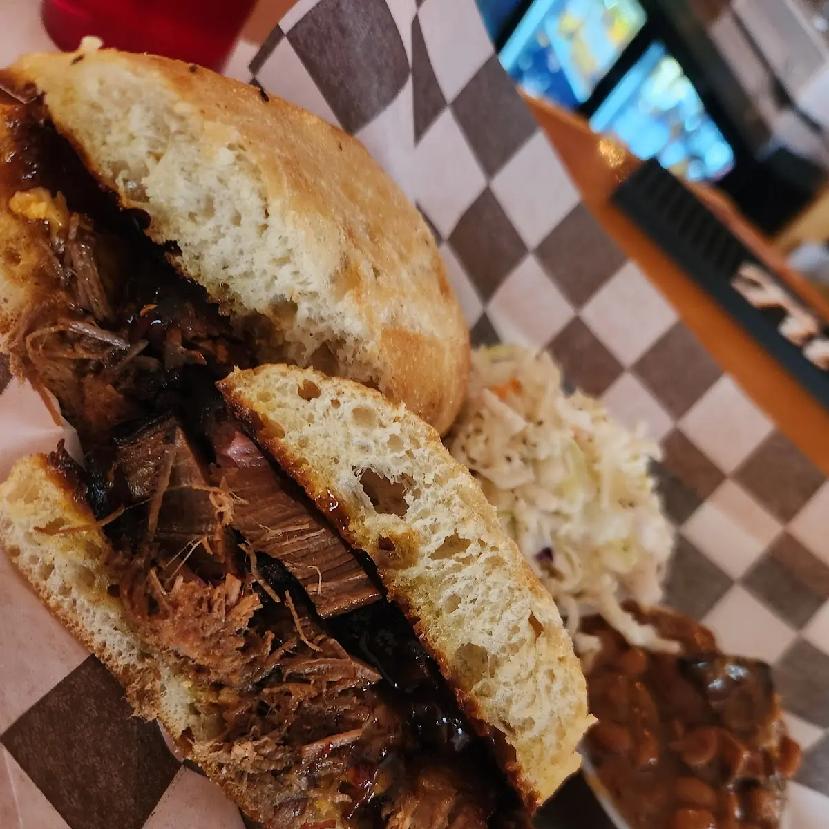 Brisket Sandwhich with Baked Beans and Coleslaw