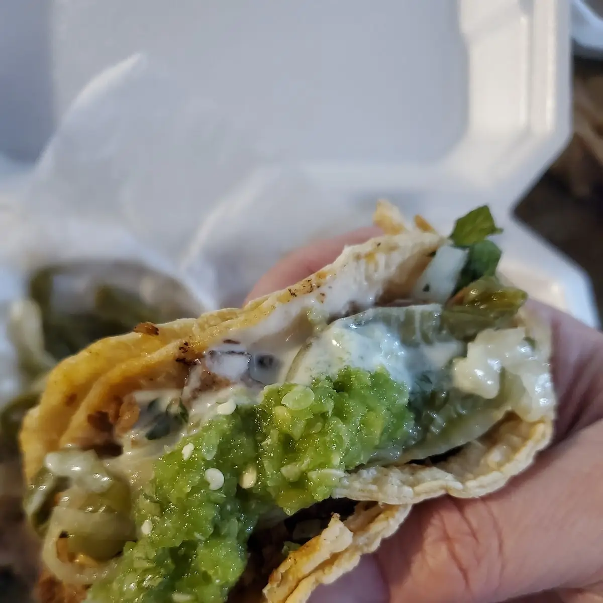Carnitas Taco with Green Salsa and Queso