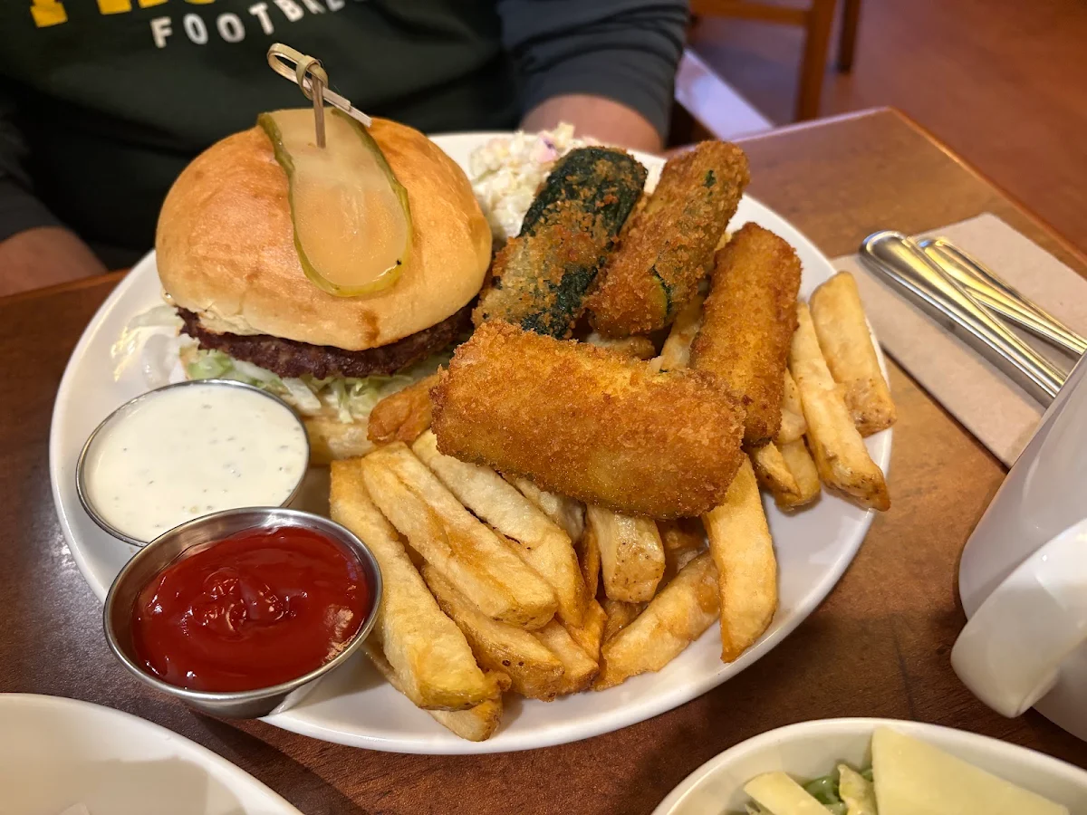 Classic Burger with Zucchini Sticks and Fries, White Spot
