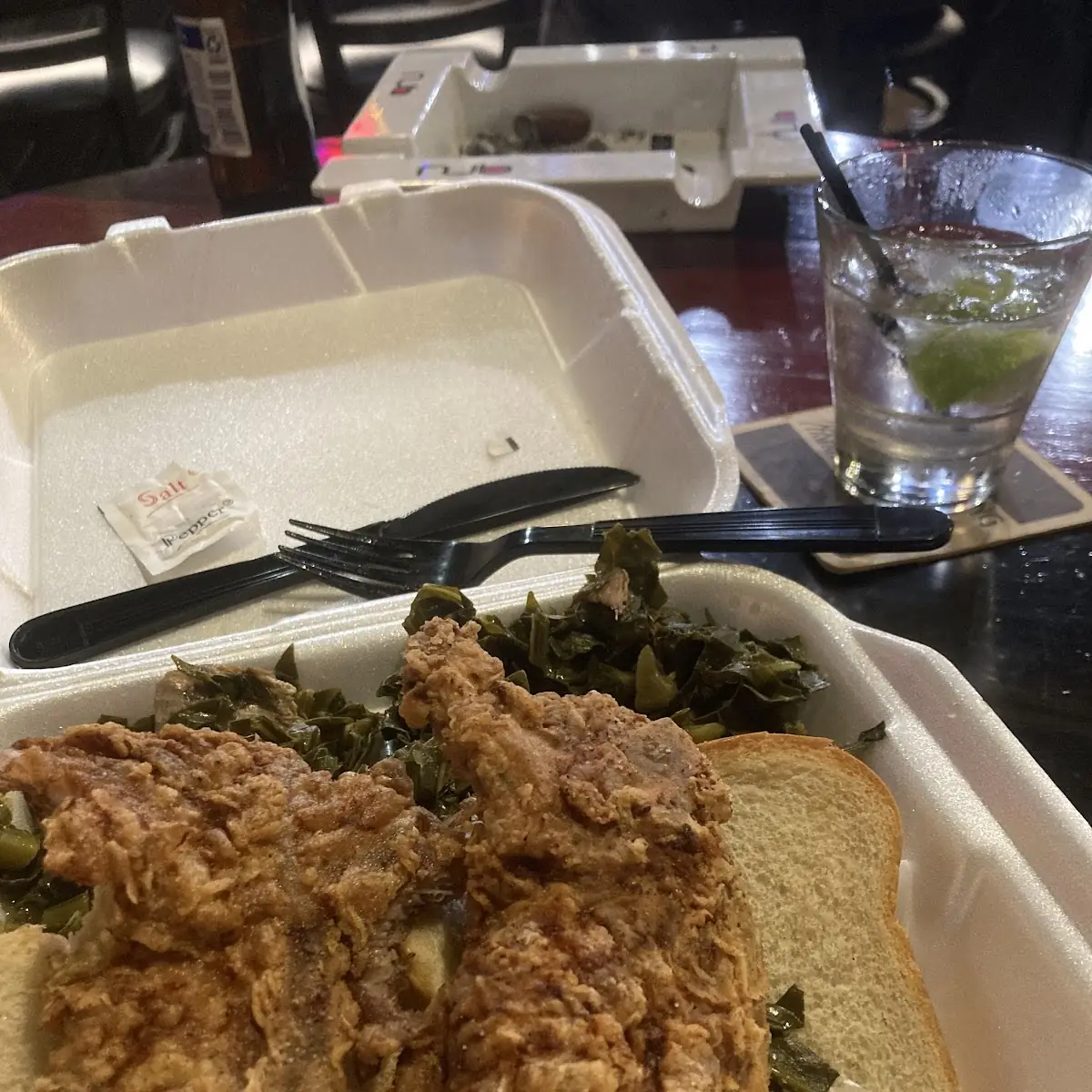 Fried Pork Chops with Collards and Fries