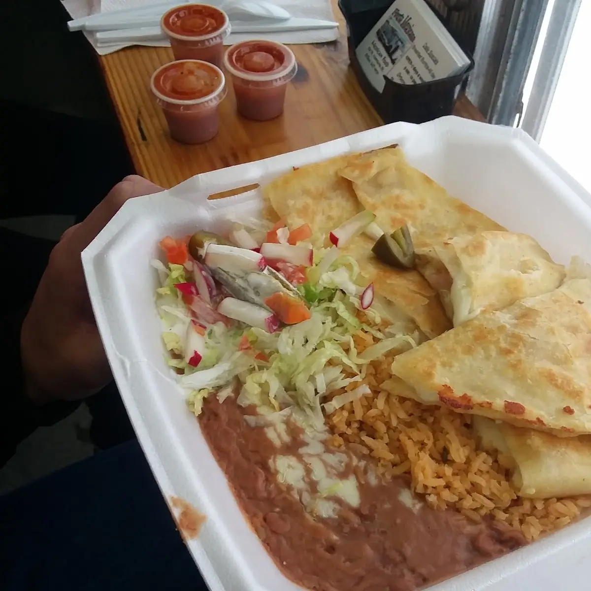 Shrimp Quesadilla Beans Rice and Pickled Vegetables