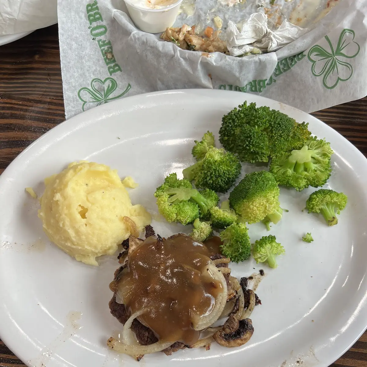 Chopped Steak Mashed Potatoes and Broccoli
